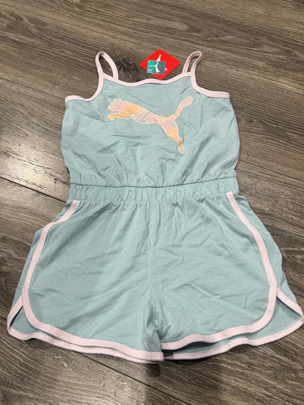 New Puma Girls Mint Romper with Pink Trim and Iridescent Logo